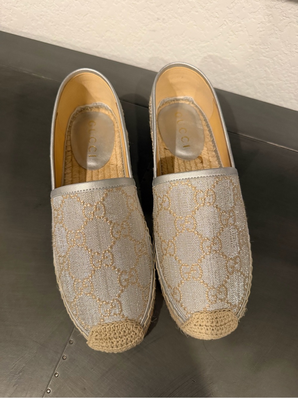 Gucci Silver & Beige GG Canvas Espadrille Slip-Ons